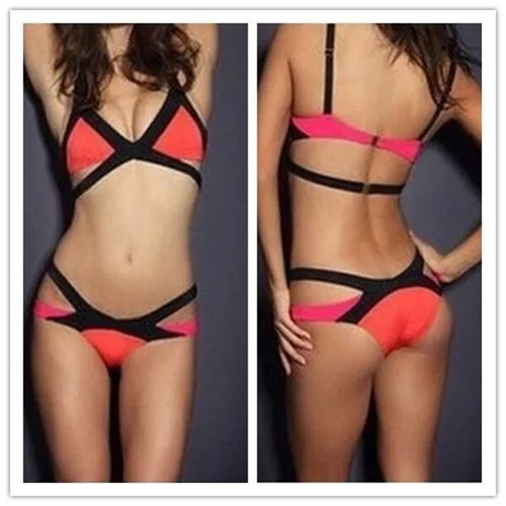 X Wrap Strappy Color block Neon Pink & Purple Two-piece Bikini Size Small